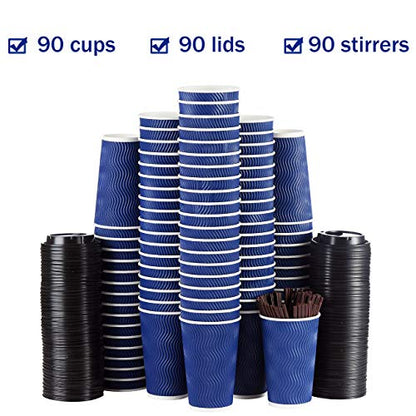 Disposable Coffee Cups with Lids and Straws - 16 oz (90 Set) Togo Hot Paper Coffee Cup with Lid To Go for Beverages Espresso Tea Insulated Reusable Cold Drinks Ripple Cups Protect Fingers From Heat!