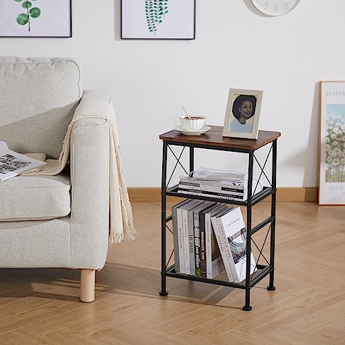 ruboka 3-Tier Small End Tables,Narrow Side Table with Steel Grid Storage Shelves,Slim Nightstand X-Design Sofa Side Table Small Bookshelf Bookcase,Display Rack for Living Room,Bedroom,Rustic Brown