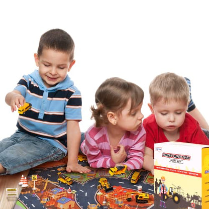 Lolo Toys 20-Piece Construction Truck & Road Play Mat Set: Toy Construction Vehicles & Costume with Hat for Boys & Girls, Includes 5 Small Metal Diecast Construction Vehicle Toys & Search Game