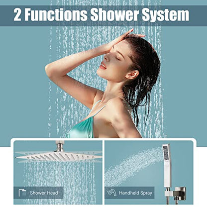 Saetow Brushed Nickel Shower System 12 Inch Shower Head with Hand Held Bathroom Luxury Rain Mixer Shower Combo Set Ceiling Mount,Shower Faucet Set with Valve and Trim