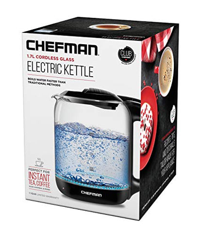 Chefman 1.7 Liter Electric Glass Tea Kettle, Fast Hot Water Boiler, One Touch Operation, Boils 7 Cups, Swivel Base & Cordless Pouring, Auto Shut-Off