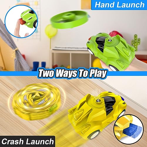 KIZJORYA 4-Pack Toy Racer Car with 4 LED Light Up Flashing Spinning Tops & 4 Flying Tops for Kids, Push & Go Vehicles with Spinner Set, for Boys Girls Toddlers Ages 3 4 5 6 7 8+