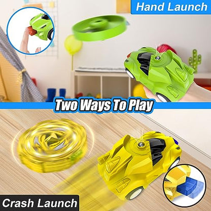 KIZJORYA 4-Pack Toy Racer Car with 4 LED Light Up Flashing Spinning Tops & 4 Flying Tops for Kids, Push & Go Vehicles with Spinner Set, for Boys Girls Toddlers Ages 3 4 5 6 7 8+