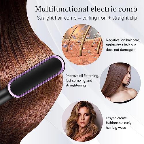 Hair Straightener Brush 30s Fast Heating Anti-Scald,Negative Ion Styling Comb, 2 in 1 Hair Straightener Brush and Curler with 5 Temp, Portable Electric Straightening Comb Heated Hair Brush(Black)