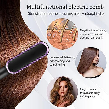 Hair Straightener Brush 30s Fast Heating Anti-Scald,Negative Ion Styling Comb, 2 in 1 Hair Straightener Brush and Curler with 5 Temp, Portable Electric Straightening Comb Heated Hair Brush(Black)
