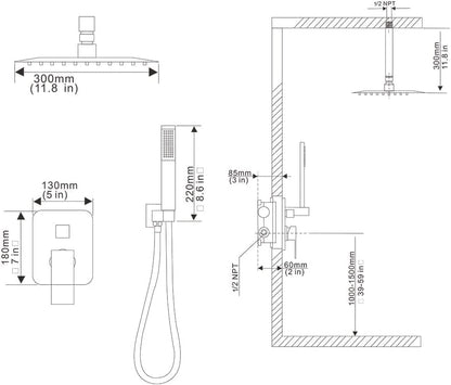 Heable ‎Polished Chrome Shower System Bathroom 12 Inch Rain Shower Head Ceiling Mount with Handheld Luxury High Pressure Shower Combo Set Shower Faucet Rough-in Valve Body and Trim Included