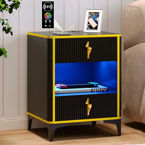 Nightstand Bedside Table with Charging Station: Smart Night Stand with Auto Sensor RGB 20 Color Dimmable for Bedroom Furniture - Modern End Side Table wth LED Lights & 2 Drawers