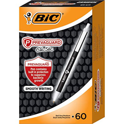 BIC PrevaGuard Clic Stic Ballpoint Pen Contains Built-in Protection On the Pen To Suppress Bacteria Growth, Black, 60-Count