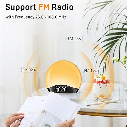 Wake Up Light Sunrise Alarm Clock for Kids, Heavy Sleepers, Bedroom, Bluetooth Speaker Sound Machine with 22 Natural Sounds, White Noise, Dual Alarms, FM Radio, 17 Color Night Lights, Ideal for Gift