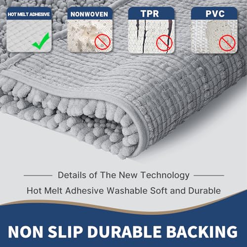 Yimobra Bathroom Rugs Sets 2 Piece, Extra Soft Thick Chenille Bath Mat and U-Shaped Toilet Rug, Non-Slip Absorbent Water Shower Rug Carpet for Bathroom Floor, Machine Washable, 24x17+24x20 Inch Grey
