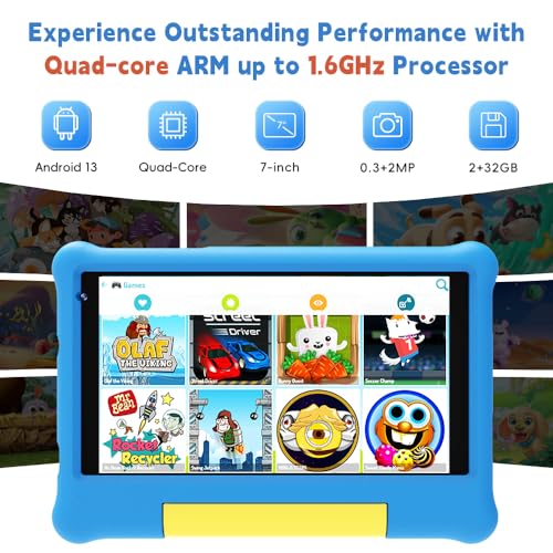 Maxsignage 7" Android 13 Kids Tablet, Ages 3-7 Tablet for Kids, Quad-Core, Shockproof Case & Stand - 32GB Storage - HD Display, 2MP Camera - Extended Battery - Parental Controls - Learning & Play
