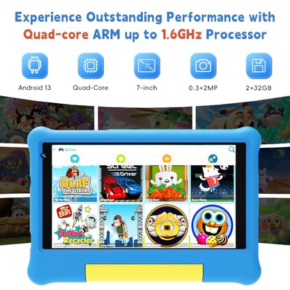Maxsignage 7" Android 13 Kids Tablet, Ages 3-7 Tablet for Kids, Quad-Core, Shockproof Case & Stand - 32GB Storage - HD Display, 2MP Camera - Extended Battery - Parental Controls - Learning & Play