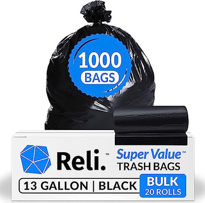 Reli. SuperValue 13 Gallon Trash Bags | 1000 Count Bulk | Tall Kitchen | Can Liners | Black Multi-Use Garbage Bags