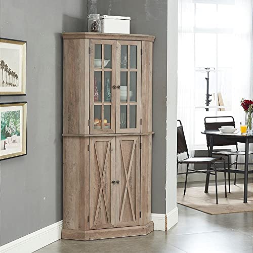 Home Source Kitchen Corner Cabinet with Doors, Wood Corner Hutch, Transparent Glass Doors, Bar Cabinet for Living Room, Kitchen, Farmhouse, Basement, Stone Grey