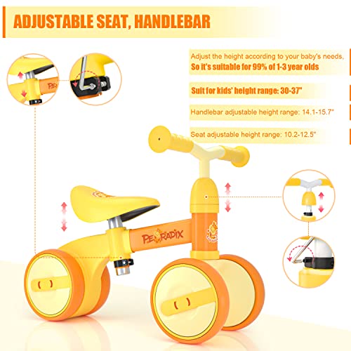 Peradix Baby Balance Bikes Adjustable for 1 Year Old Toddlers| Riding Toys for 10 Months Old Children Boys Girls | No Pedal Silent Wheels Infant Toddler Bicycle | Best First Birthday Gift (Yellow)