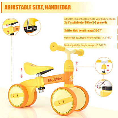Peradix Baby Balance Bikes Adjustable for 1 Year Old Toddlers| Riding Toys for 10 Months Old Children Boys Girls | No Pedal Silent Wheels Infant Toddler Bicycle | Best First Birthday Gift (Yellow)