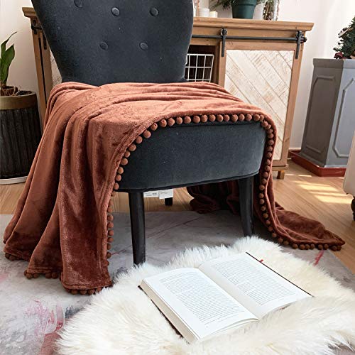 LOMAO Flannel Blanket with Pompom Fringe Lightweight Cozy Bed Blanket Soft Throw Blanket fit Couch Sofa Suitable for All Season (Brown, 51''x 63'')