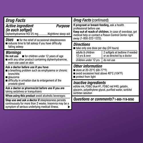 Amazon Basic Care Sleeptime Nighttime Sleep-Aid Softgels, Diphenhydramine HCl 25 mg, Relieves Occasional Sleeplessness, 48 Count