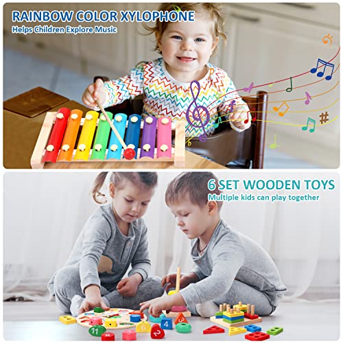 Qizebaby Montessori Toys for 2 Year Old Boys Girls, 6PCS Kids Wooden Toys, Baby Boy Toys 3-6 Year Old, Preschool Educational Learning Toy for Kids Ages 3 4 5 6+, Birthday Gifts