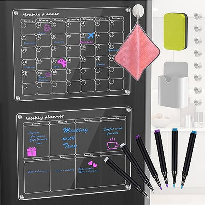 Acrylic Magnetic Calendar for Fridge Monthly & Weekly Dry Erase Board Magnetic Fridge Calendar, 2 Set Clear Reusable Planner Whiteboard Calendar 16"x12" with 6 Markers/Pen Holder/Eraser/Towel/Hook