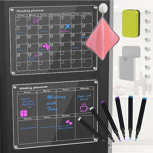 Acrylic Magnetic Calendar for Fridge Monthly & Weekly Dry Erase Board Magnetic Fridge Calendar, 2 Set Clear Reusable Planner Whiteboard Calendar 16"x12" with 6 Markers/Pen Holder/Eraser/Towel/Hook