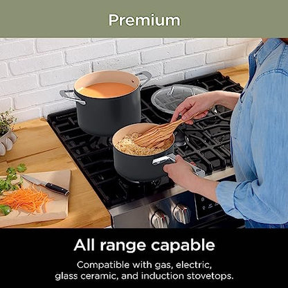 Ninja CW99009 Extended Life Premium Ceramic Cookware Set, Nonstick Fry Pans, PFAS Free, Healthy Cooking, Oven Safe to 550°F, Dishwasher Safe, All Stovetops & Induction Compatible, Grey, 9 Piece Set