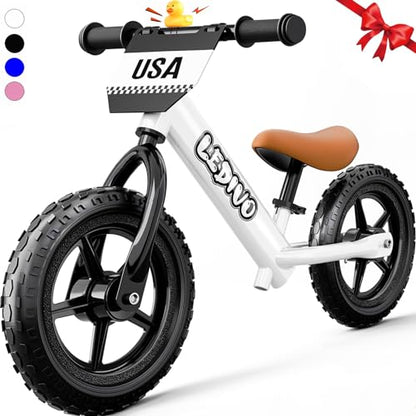 LEDIVO Toddler Balance Bike 2 Year Old, Age 18 Months to 5 Years Old, 12" Push Bicycle w/Customize Plate (4 Sets of Stickers & Toy Duck Included), Kids Balancing Gift Bike for 3-4 yrs Boys Girls