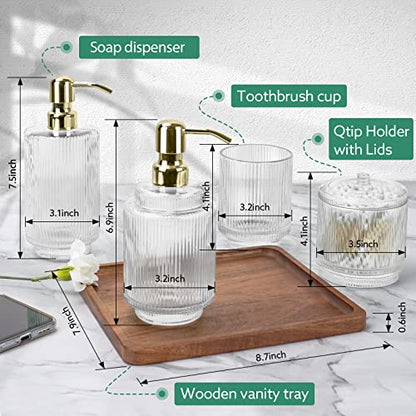 Bathroom Accessory Set,5 PCS Modern Premium Clear Glass Bath Accessories,Set of 2 Lotion Soap Dispensers,Toothbrush Holder,Qtip Holder & Acacia Wooden Tray,Gift for Home Decor & Countertop Organizer