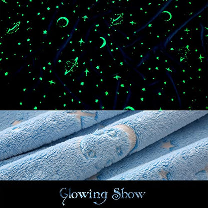Glow in The Dark Throw Blanket for Kids, Soft Fleece Blanket for Couch Bed, Outdoor Fuzzy Blanket with Galaxy Planet Pattern, Birthday Gifts for Girls Boys and Toddler Blue 50x60 Inch