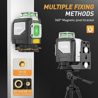 SAVSEC 901CG Self-Leveling Laser Level, 360° Cross-Line Laser Green-Beam with Pluse Mode, Magnetic Pivoting Base, Laser Enhancement Glasses Included