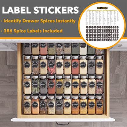 SpaceAid Spice Drawer Organizer with 40 Spice Jars, 386 Spice Labels and Chalk Marker, 4 Tier Seasoning Rack Tray Insert for Kitchen Drawers, 18.5" Wide x 17.5" Deep