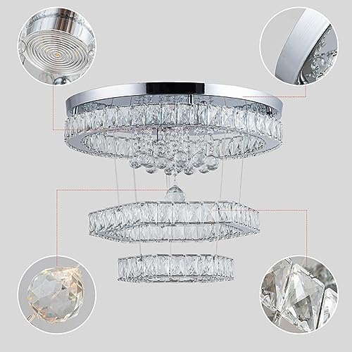 Zswanbei 19.6" Crystal LED Chandelier Pendant Light Fixture Stainless Steel 3 Ring Modern Ceiling Lamps for Living Room Dining Room Bedroom (Cool White)