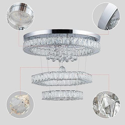 Zswanbei 19.6" Crystal LED Chandelier Pendant Light Fixture Stainless Steel 3 Ring Modern Ceiling Lamps for Living Room Dining Room Bedroom (Cool White)