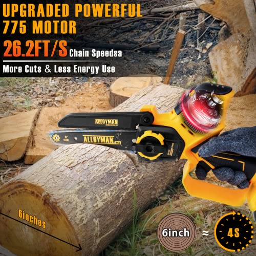 ALLOYMAN Mini Chainsaw 6-Inch Cordless | 26.2ft/s chain speed | Upgrade 775 Powerful motor | Tool Free Bar and Chain Adjustments | Handheld Small Chainsaw for Wood Cutting Tree Trimming