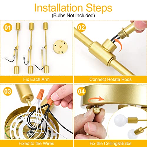 Soilsiu Modern Sputnik Chandelier Ceiling Light Fixture, 6-Light Gold Mid Century Semi Flush Mount Ceiling Lights for Bedroom, Dining Room, Living Room, Kitchen, Office (Gold, W:16.5",H:8")