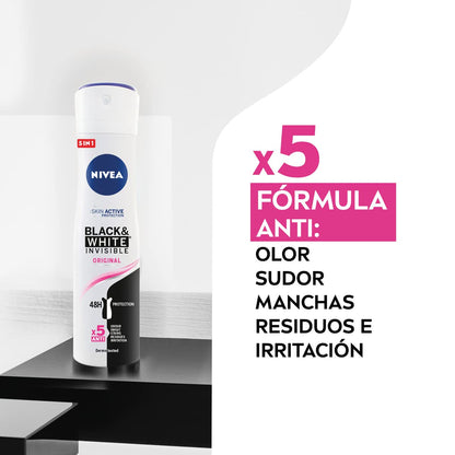 NIVEA Black & White Invisible Original Spray 6 Pack (6 x 200 ml), Feminine Care Stain Deodorant, Protect Skin and Clothing