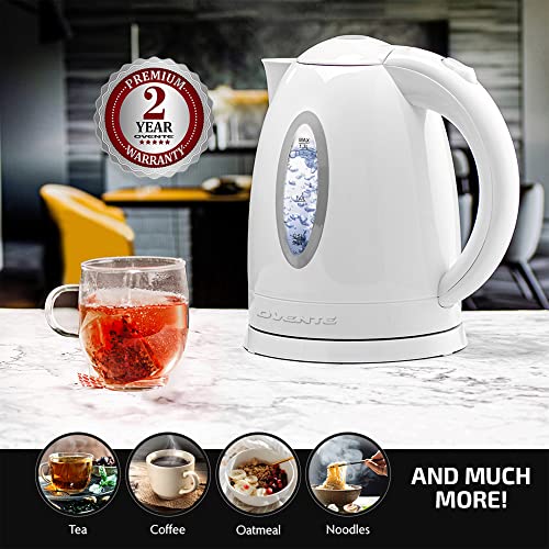 OVENTE Electric Kettle Hot Water Heater 1.7 Liter - BPA Free Fast Boiling Cordless Water Warmer - Auto Shut Off Instant Water Boiler for Coffee & Tea Pot - White KP72W
