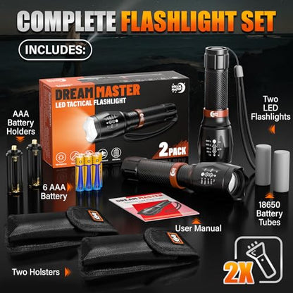 2 Pack LED Flashlights High Lumens with 6 AAA Batteries, 5 Modes Mini Waterproof Tactical Flashlight for Camping Hiking, Bright Flashlight with Zoomable, Christmas Gifts for Men Dad, Black & Coppery