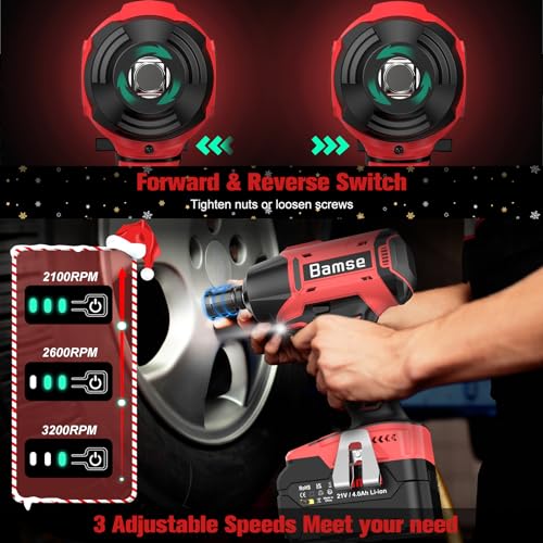 Bamse Impact Wrench Cordless, Brushless Power Impact Gun 21V, 1/2'', 4.0Ah Battery, 3200RPM & Max Torque 480 Ft-lbs (650N.m) with 4 Sockets, Electric Impact Driver for Car Tires and Home