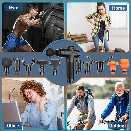 RAEMAO Massage Gun Deep Tissue, Back Massage Gun for Athletes for Pain Relief Attaching 10 PCS Specialized Replacement Heads, Percussion Massager with 10 Speeds & LED Screen, Black