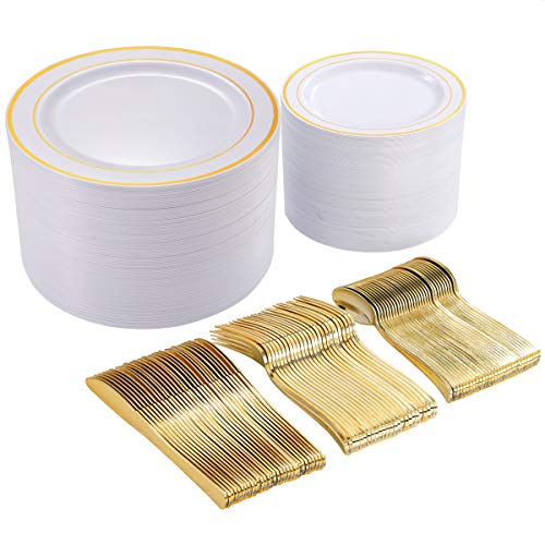 I00000 300 Pcs Gold Plastic Plates with Gold Silverware, White&Gold Plastic Dinnerware Set for Party include: 60Dinner Plates 10.25", 60Dessert Plates 7.5", 60 Gold Silverware Sets