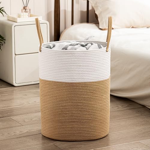 HoeTols 58L Woven Laundry Basket, Tall Rope Laundry Hamper, Dirty Clothes Hamper with Handles, Decorative Basket Blanket Storage for Living Room, Bedroom
