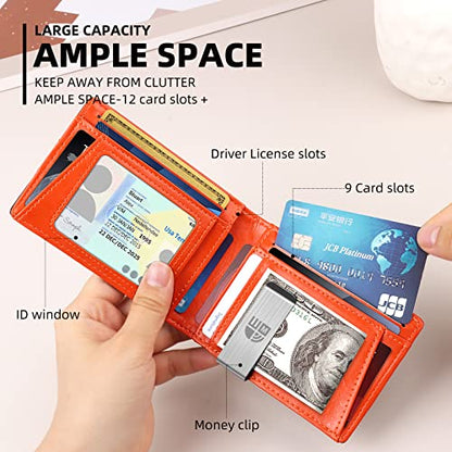 Slim Minimalist Front Pocket Rfid Blocking Leather Wallet |Front Pocket Wallets For Men Slim Minimalist | Thin Mens Bifold Wallet with Money Clip | 12 Card Holders Slots with ID Window | Gift Choice