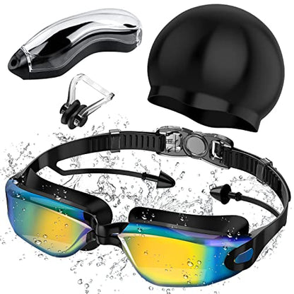 Swimming Goggles，Swimming Goggles Connected to Earplugs +Nose Clips+Elastic Swimming Caps, Swimming Goggles No Leaking Full Protection Adult Men Women Youth (yellow&blue)