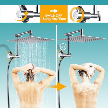 All Metal Rain Shower Head with Handheld Combo, 10'' High Pressure Rainfall Shower Head Sprayer, Handheld Shower Head with Shower Holder, Adjustable Extension Arm, Bathroom Upgrade, Polished Chrome