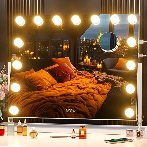 Hasipu Vanity Mirror with Lights, 22" x 18" Hollywood Lighted Makeup Mirror with 15 Dimmable Bulbs, 10X Magnification and USB Charging Port, Smart Touch 3 Colors Dimmable, 360° Rotation (Square)