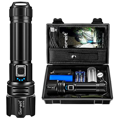 Goreit Flashlight High Lumens Rechargeable, 200000 Lumen Led Flashlights XHP70.2 USB Super Bright Flash Light Battery Powered, Powerful Handheld Flashlights for Emergencies Camping, IP67 Waterproof