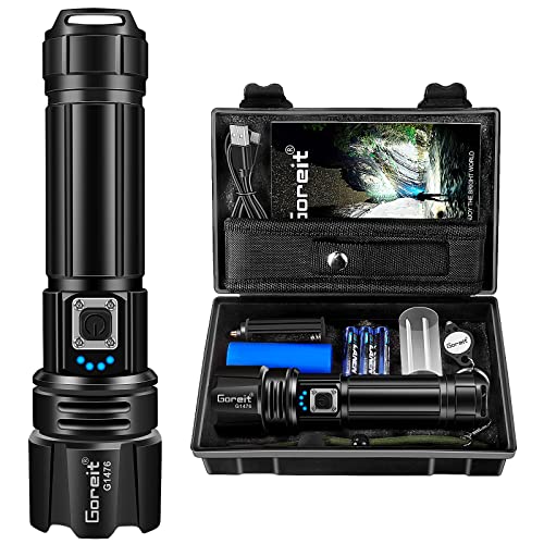 Goreit Flashlight High Lumens Rechargeable, 200000 Lumen Led Flashlights XHP70.2 USB Super Bright Flash Light Battery Powered, Powerful Handheld Flashlights for Emergencies Camping, IP67 Waterproof