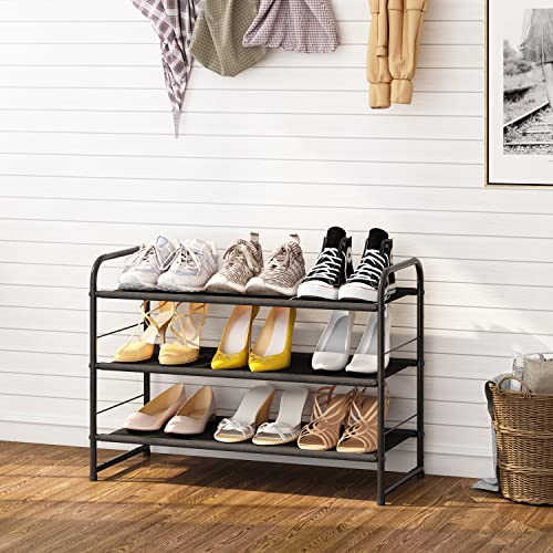 Simple Trending 6-Tier Stackable Shoe Rack, Expandable & Adjustable Fabric Shoe Shelf Storage Organizer, Black
