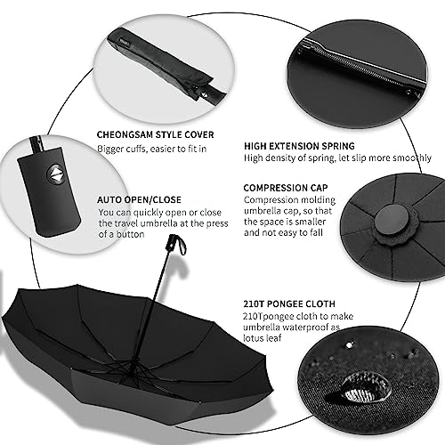 SIEPASA Windproof Travel Compact Umbrella, 8-Ribs Anti-UV Waterproof Folding Umbrella with Telfon Coating-One Button for Auto Open and Close. (Black)